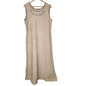 Vintage 90s Y2K Stonebridge Linen Embroidered Floral Sleeveless Maxi Dress‎ Tan